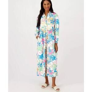 Tolani Martina Button Front Floral Midi Dress Size Medium Blue Tropical Relaxed